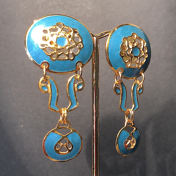 Berébi cerulean enameled pierced dangle earrings. EUC - 3” x 1” Unique Stamped - Picture 5 of 11